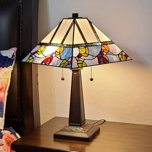 Mission Style Stained Glass Table Lamp Berries and Leaves Theme 22in Tall