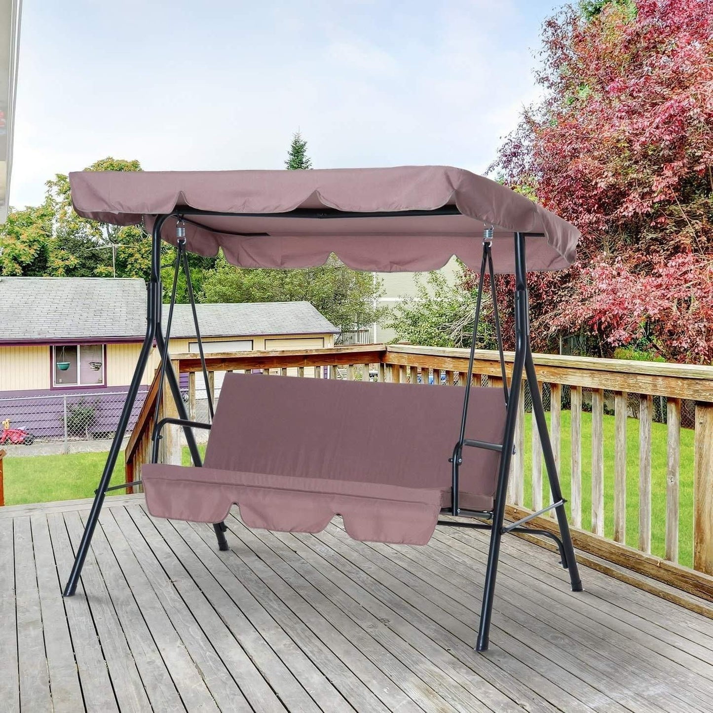 Steel Porch Swing Lounge Chair: Adjustable Canopy Cover 3-Person in Dark Beige