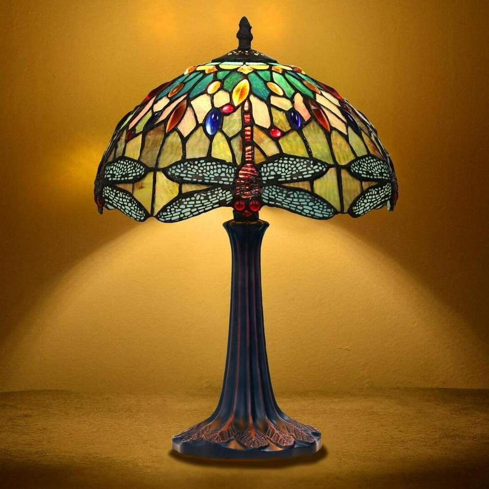Yellow Tiffany Style Stained Glass Dragonfly Design 1-Light Table Lamp 18inT