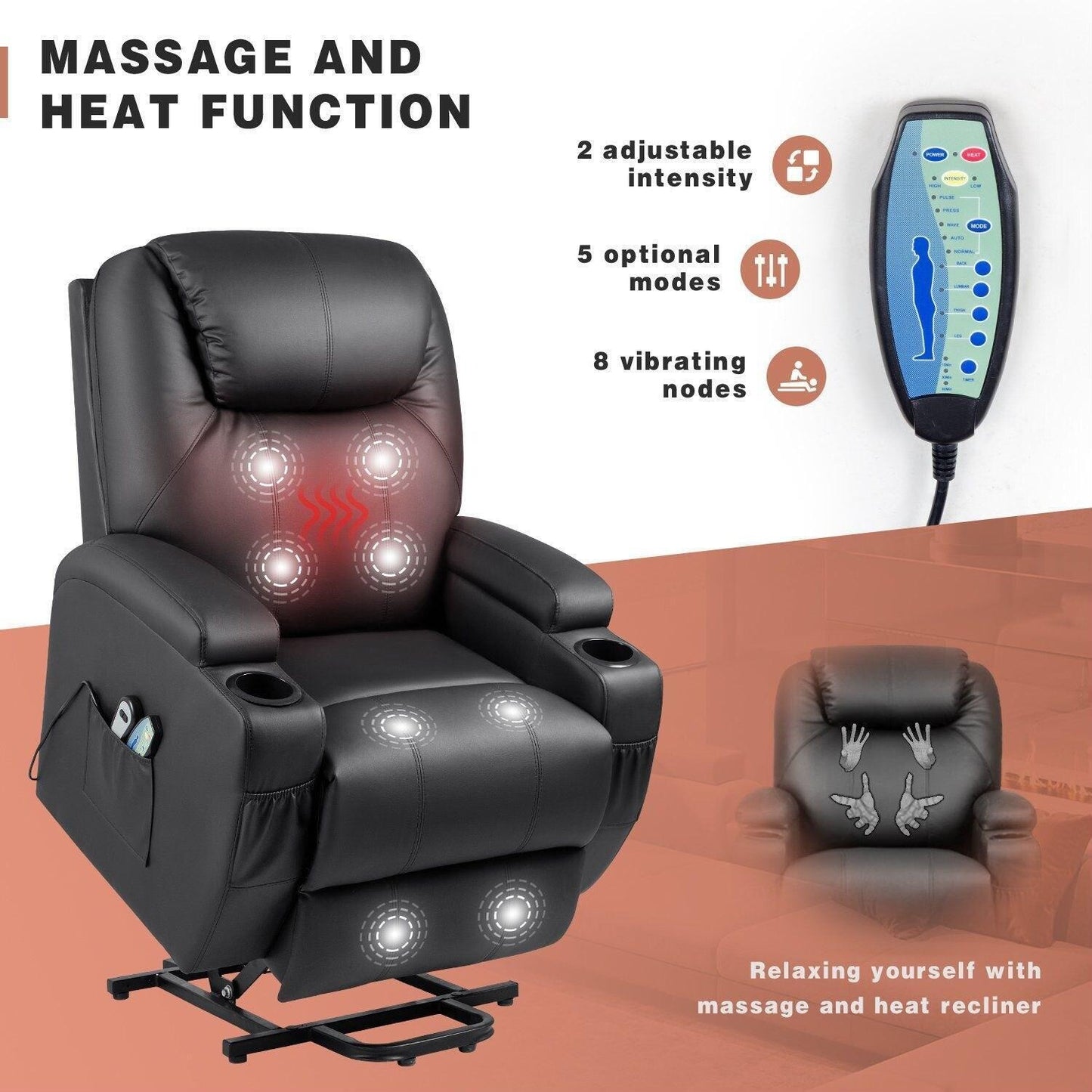 Power Lift Recliner Chair for Elderly with Heat / Massage and Cup Holder - Black