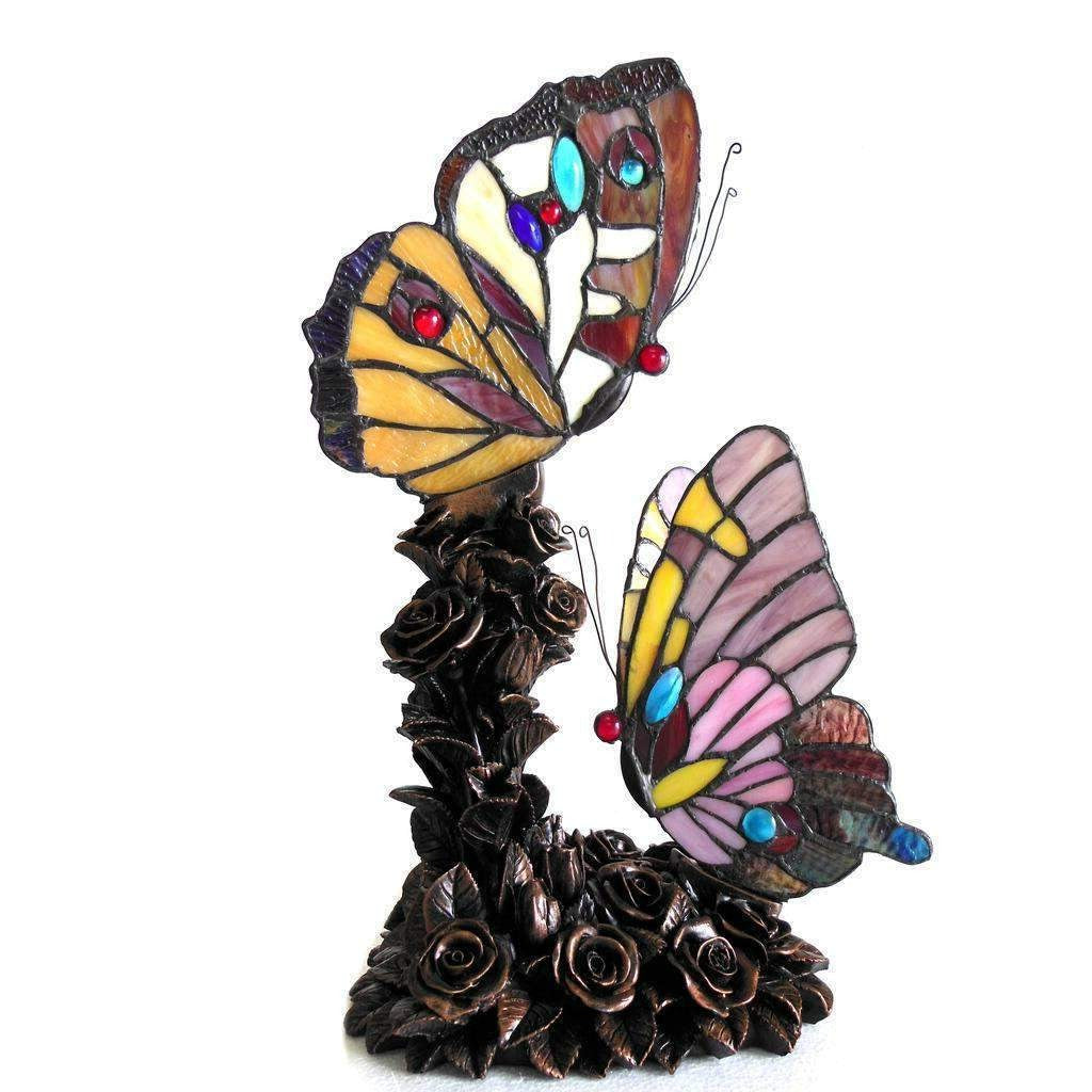 Butterflies Tiffany Style Stained Glass Accent Table Lamp in Amber