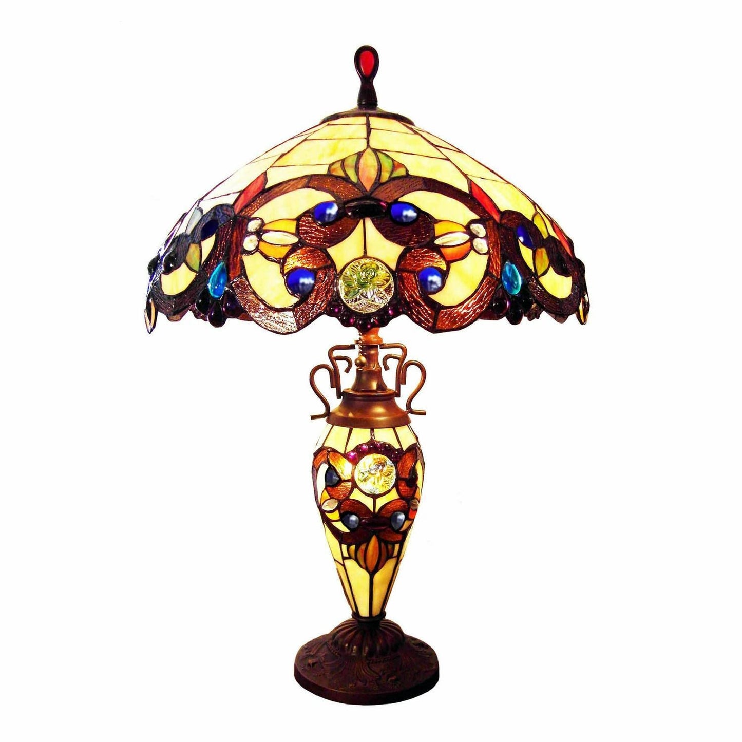 Yellow Jeweled Tiffany Inspired Victorian Stained Glass Table Lamp w/ Lit Base
