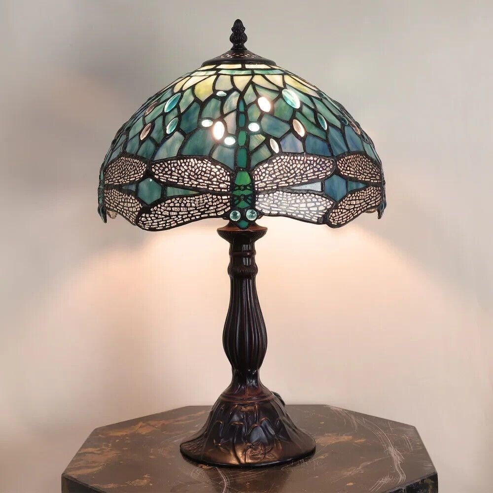 Tiffany Style Dragonfly Table Lamp Green Stained Glass & Bronze Fin Base 18.5in