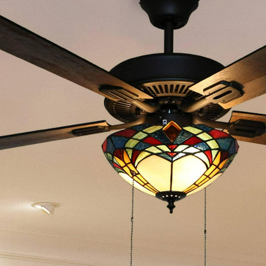 Mission Design Stained Glass Tiffany Style Ceiling Fan 5-Blade Dimmable LED