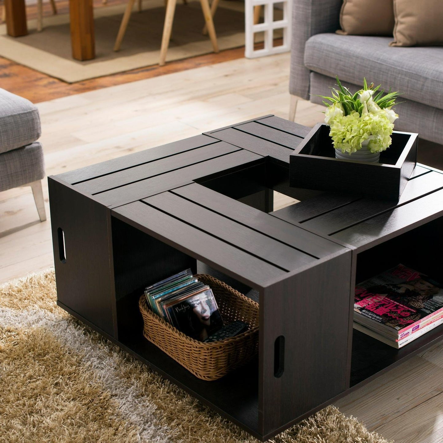 Slatted Top Coffee Table With Storage Wine Crate Design Espresso Finish 36x36in