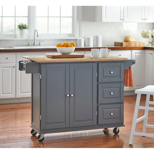 Charcoal Grey Kitchen Cart Rolling Island Cabinet  - Natural Finish Wood Top