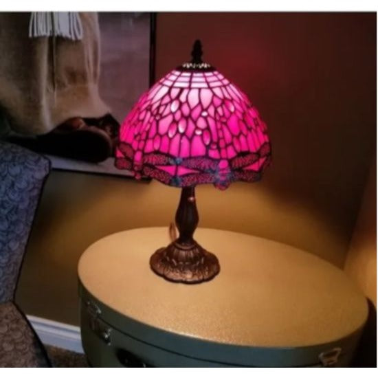 Tiffany Style Dragonfly Table Lamp Red Stained Glass & Bronze Fin Base 16in