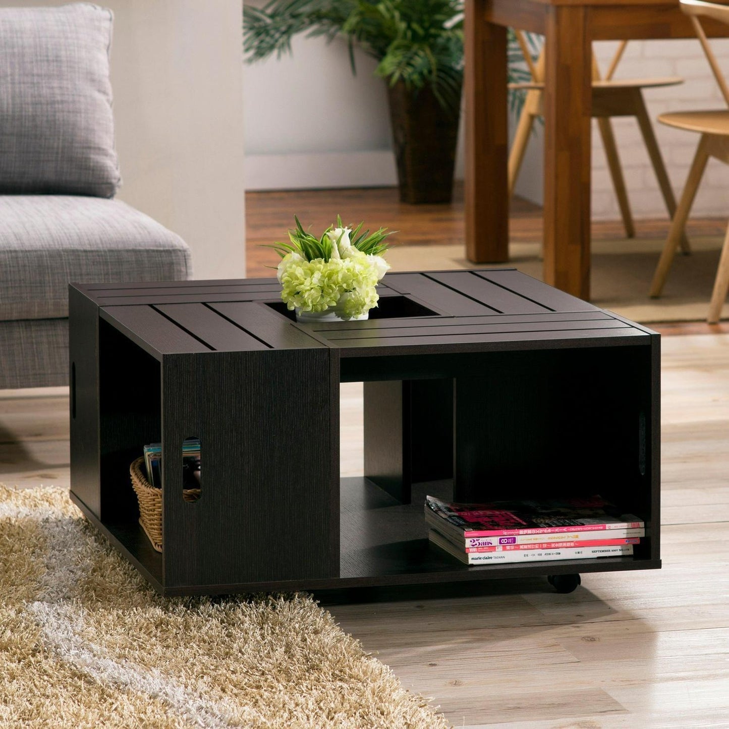 Slatted Top Coffee Table With Storage Wine Crate Design Espresso Finish 36x36in