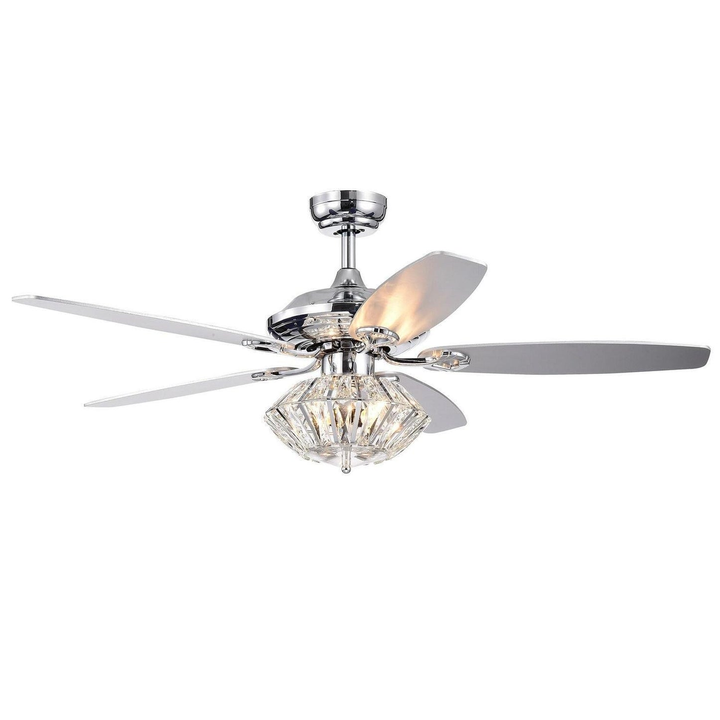 Modern 52in Lighted Ceiling Fan Chrome Finish with Crystal Shade - Remote Ctrl