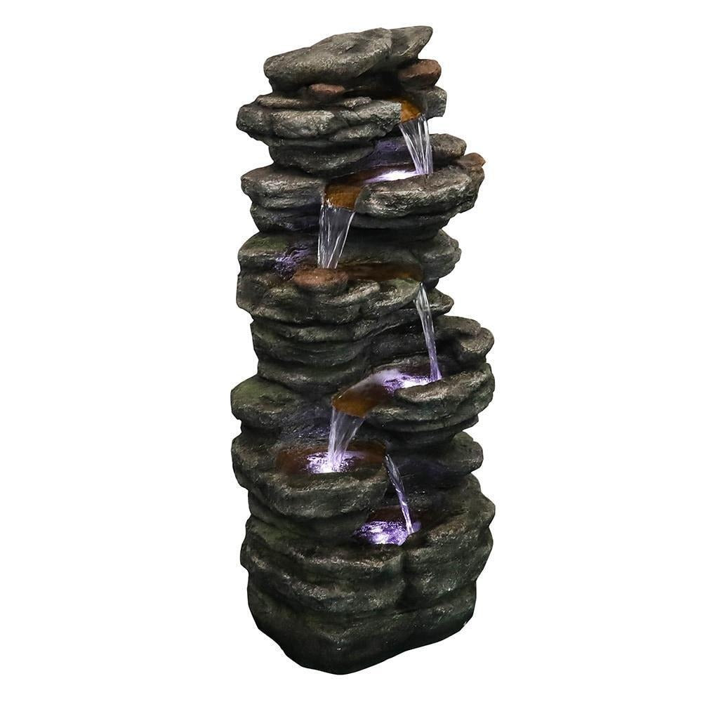 Serene 6-Tier Rock Cascading Water Fountain For Backyard Decor: LED Lit, 40inT