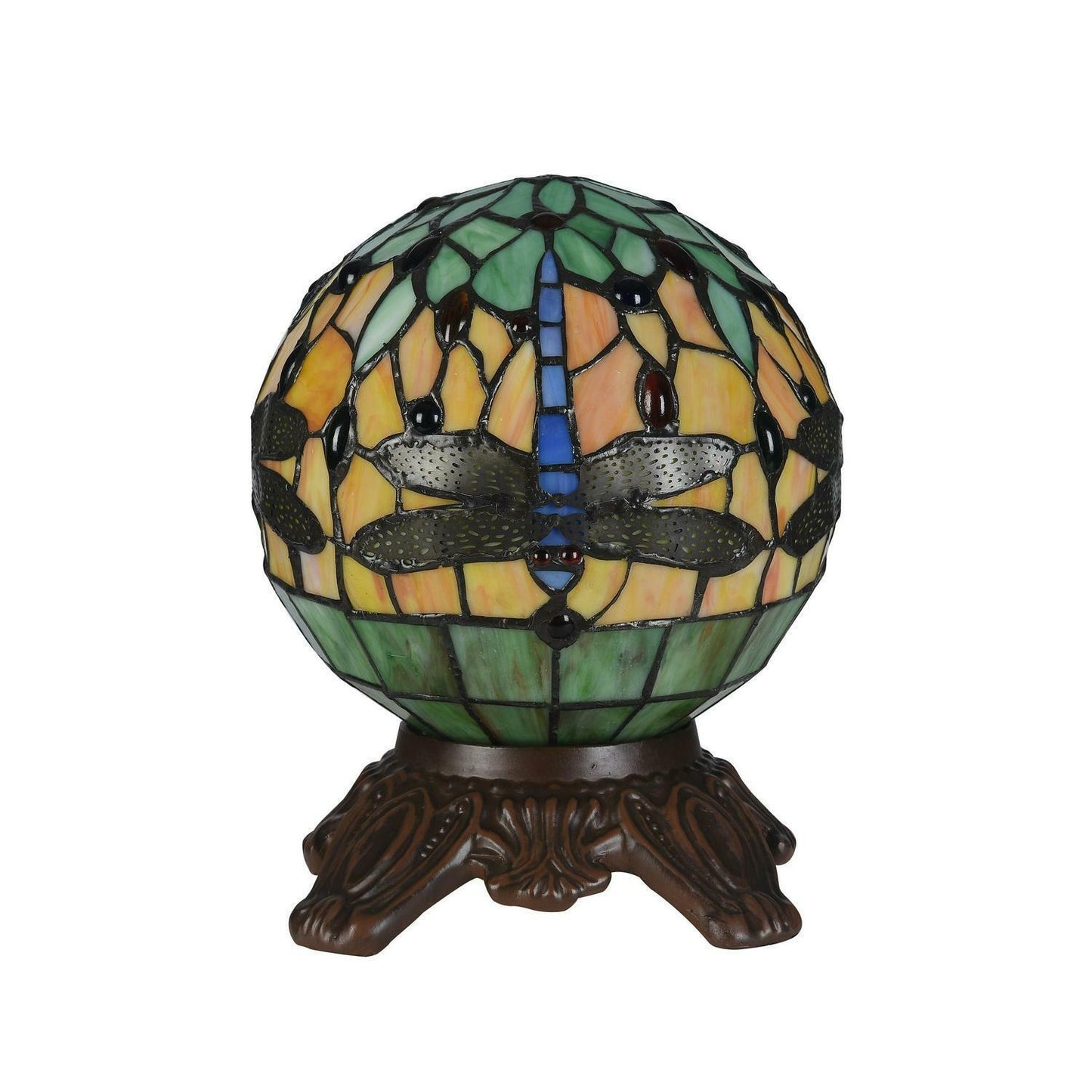 Round Tiffany Style Dragonfly Dark Bronze Stained Glass Accent Table Lamp 10In