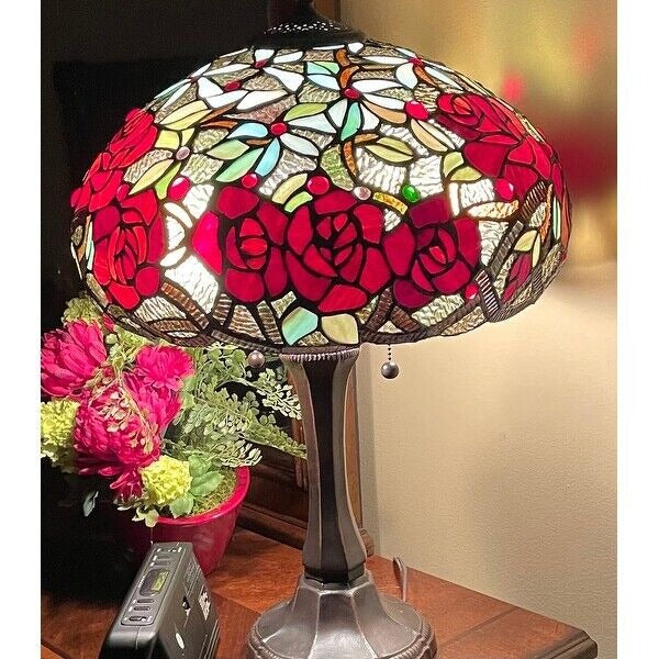 Tiffany Style Table Lamp 24in Tall Stained Glass Floral Roses Theme Accent Lamp