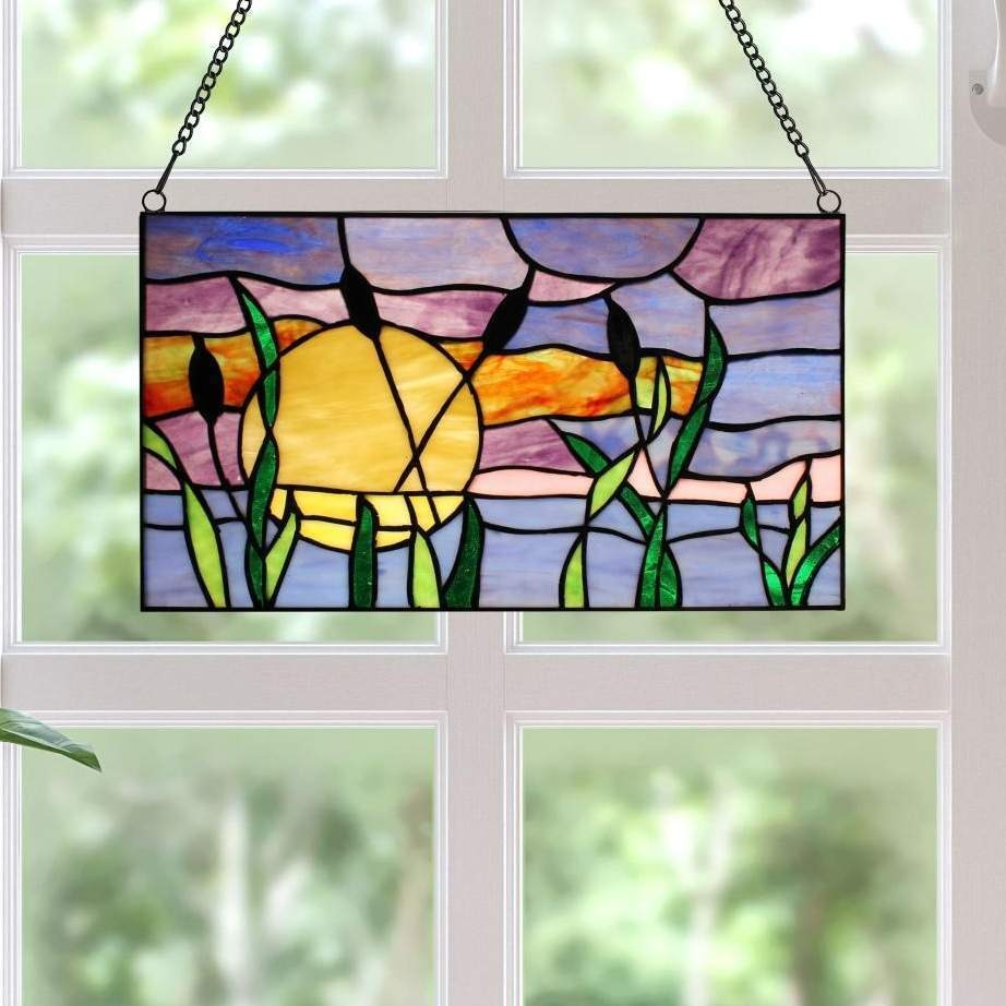 Sunset and Cattails Stained Glass Hanging Window Panel Suncatcher 8x14in