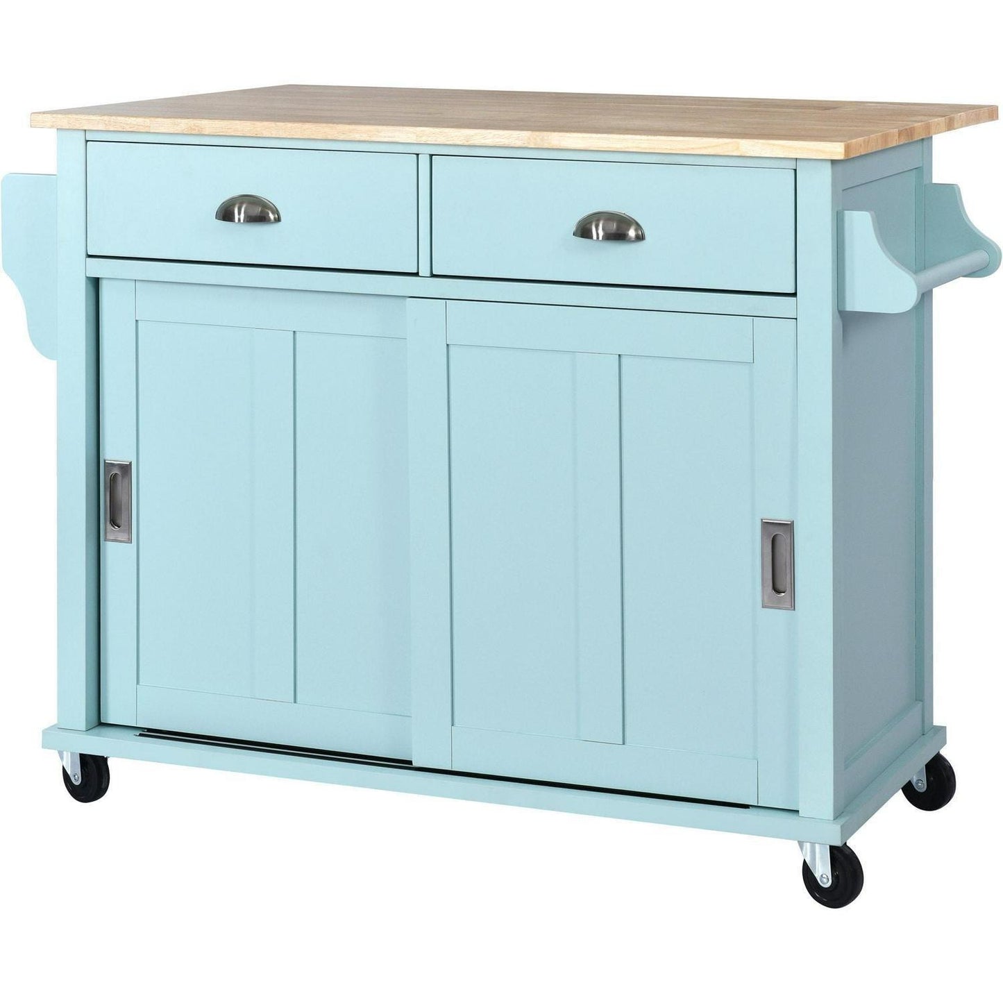 Stylish Drop Leaf Rolling Kitchen Island with Storage - in Mint Green Finish