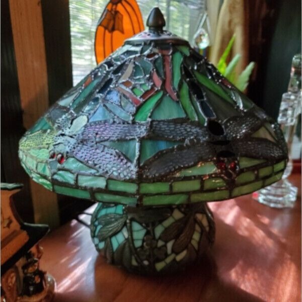 Dragonfly Tiffany Style Sea Green Stained Glass Table Lamp Mosaic Base 10.25in T