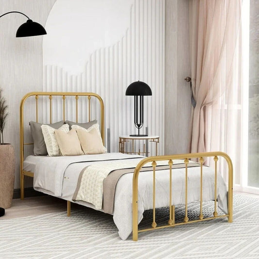 Twin Size Bed Frame Metal Platform Bed Frame with Headboard & Footboard Gold