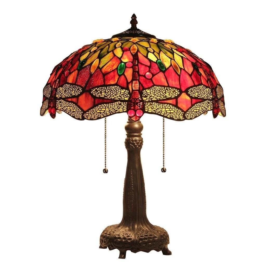 Stained Glass Tiffany Style Dark Bronze Finish Dragonfly Metal Table Accent Lamp