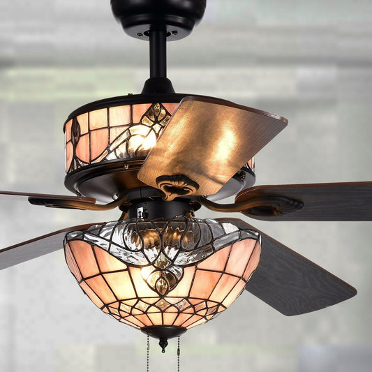 Baroque Stained Glass Tiffany Style 6-Light 5-Blade 52-In Black Ceiling Fan