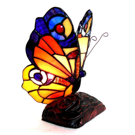 Stained Glass Butterfly Accent Lamp Yellow Red Blue Tiffany Style 10in