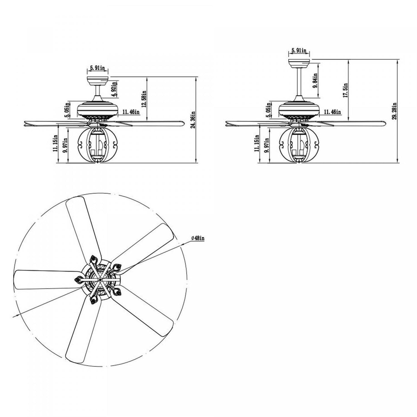 Silver Finish Globe Ceiling Fan and Light with Remote 52in 5-Blade