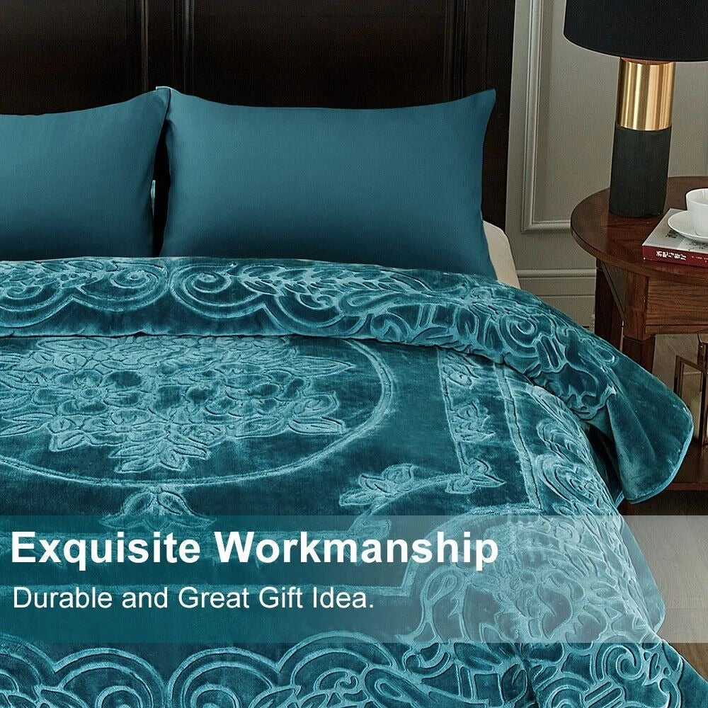 Luxurious Oversized Floral Embossed Bed Blanket/Cover in Teal