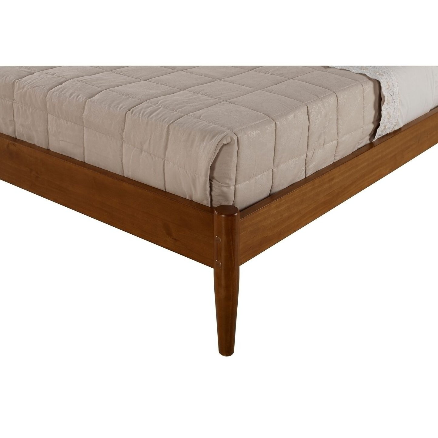 Brown Finish Pine Wood Mid-Century Style Twin Size Panel Bed