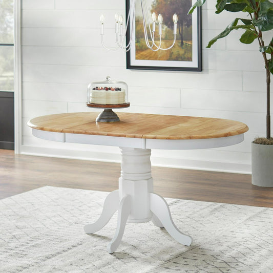 Country Style Pedestal Table: Solid Wood w/ 22in Leaf - White Finish, Nat Top