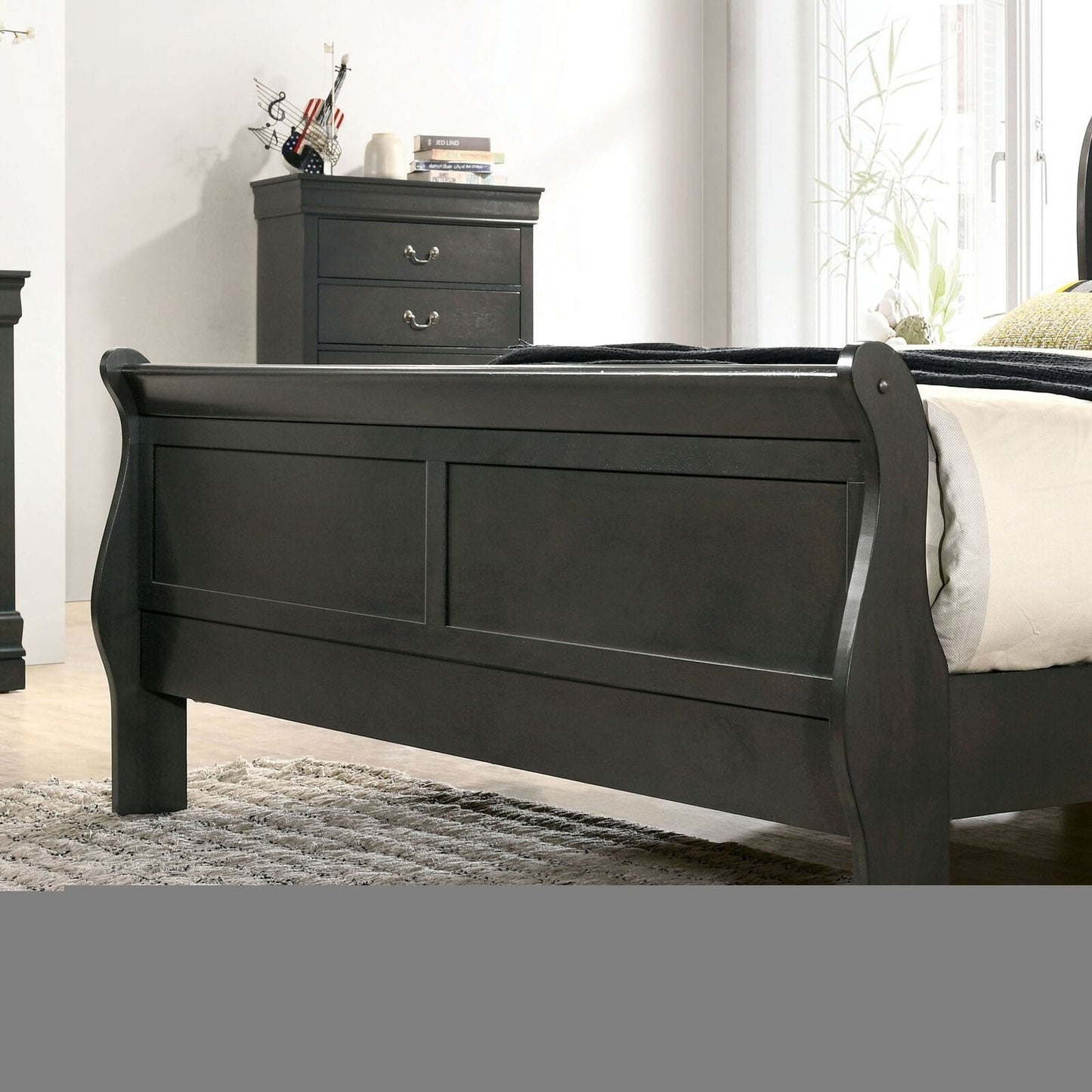 KING Size Bed Traditional Sleigh Panel Bed Hardwood in Dark Grey Finish