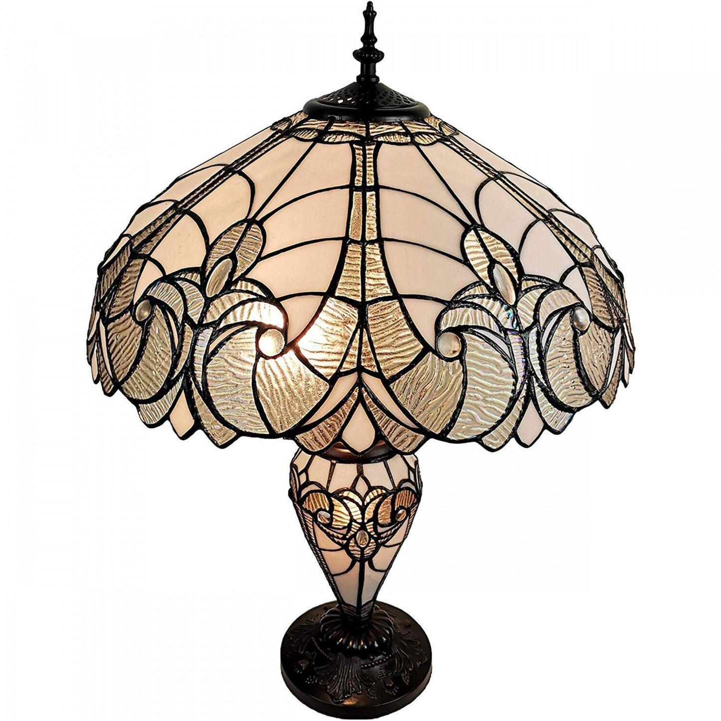 Tiffany Style White Stained Glass Victorian Floral Double Lit Table Lamp