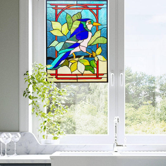 Tropical Blue Bird And Lily Stained Glass Window Panel Suncatcher 25x18in