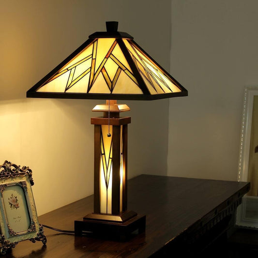 Tiffany Style Mission Design Double Lit Stained Glass Table Lamp Lighted Base