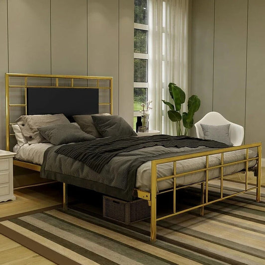 Full Sz Metal Platform Bed Frame with Padded Headboard & Footboard in Gold