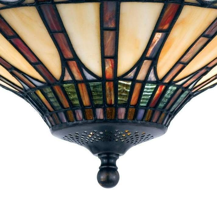 Vintage Stained Glass Flush Mound Bronze Finish 3 Light Ceiling Light 14in