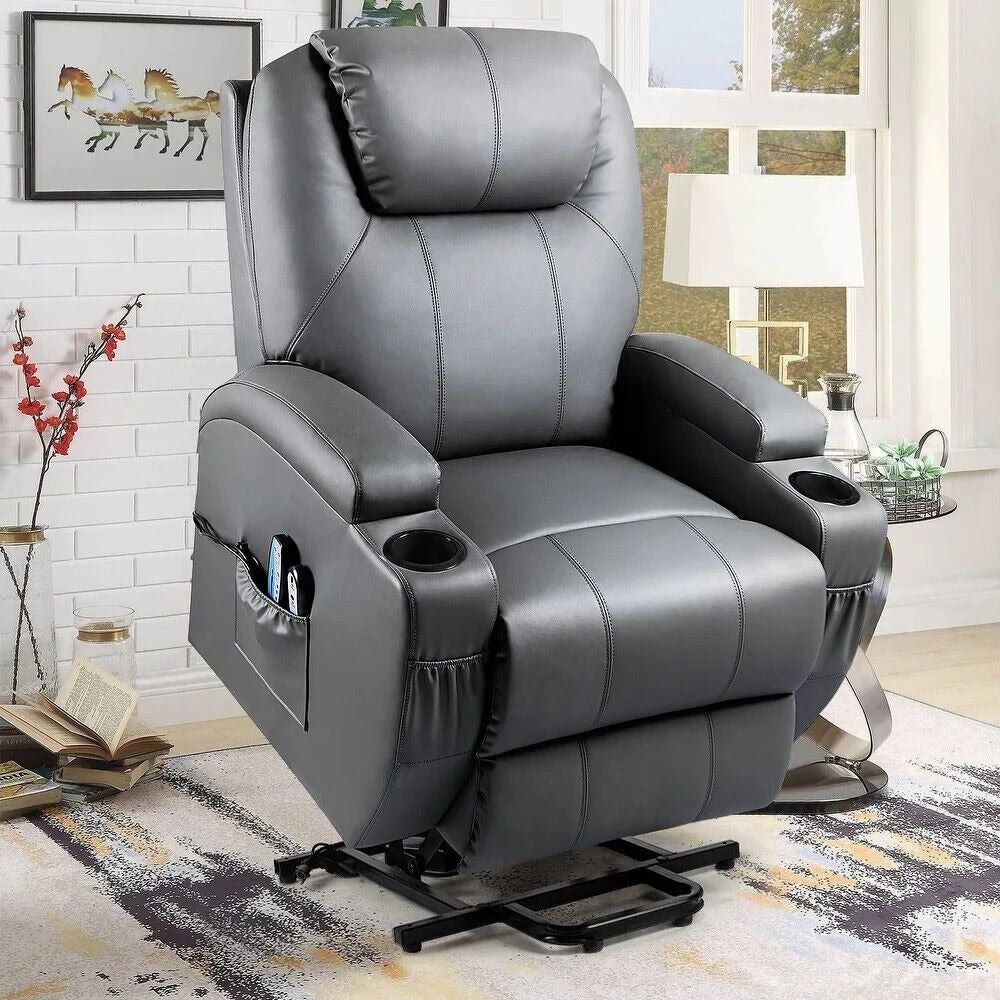 Power Lift Recliner Chair for Elderly with Heat / Massage and Cup Holder - Grey