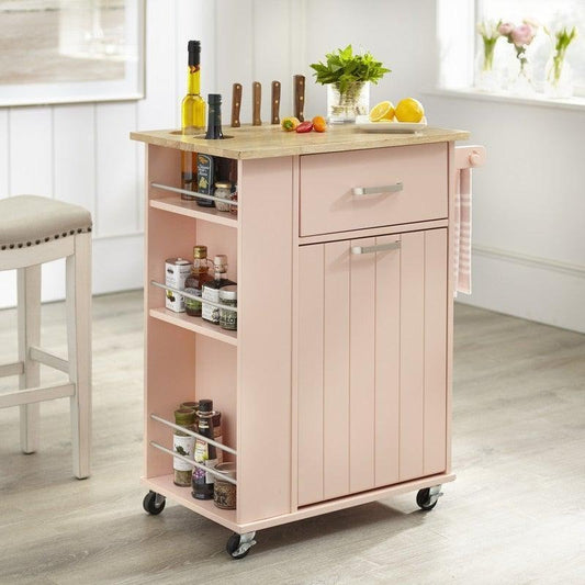 Blush Pink Rolling Kitchen Serving Storage Cart Natural Finish Top