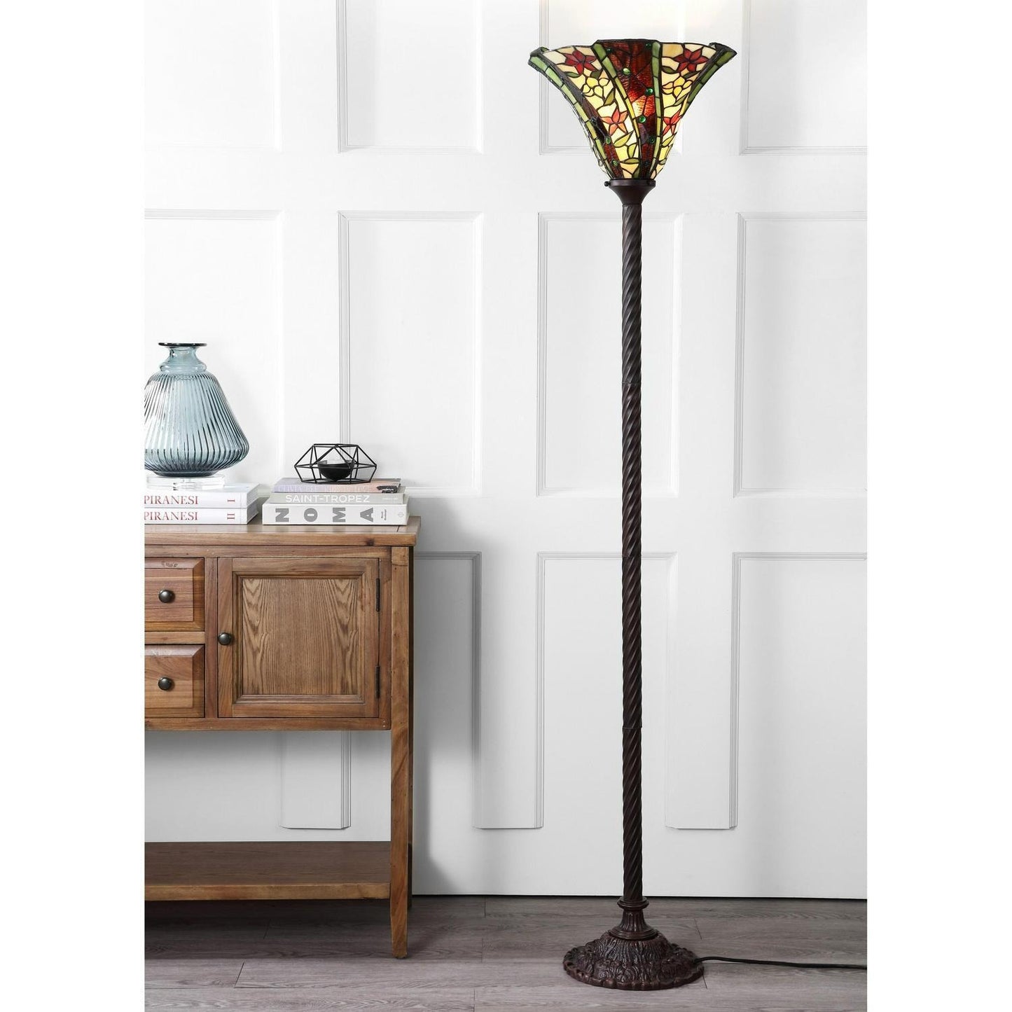 Tiffany Style Torchiere Multicolor Floral Stained Glass Floor Lamp