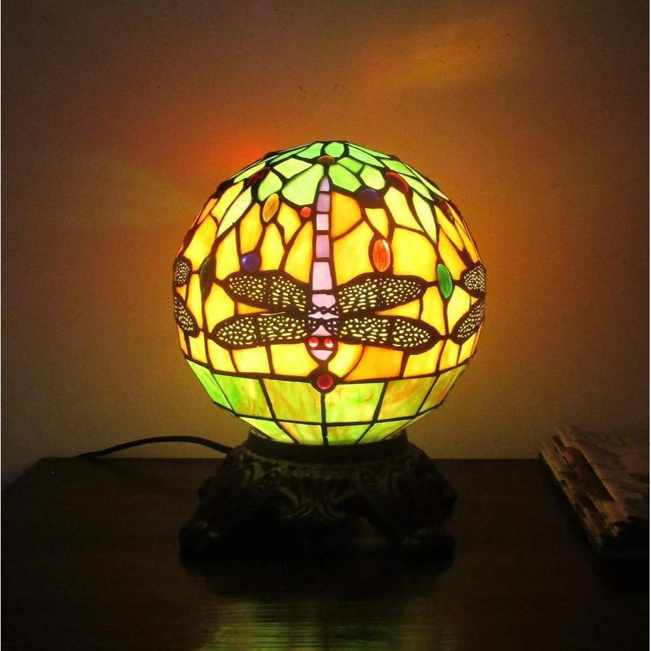 Round Tiffany Style Dragonfly Dark Bronze Stained Glass Accent Table Lamp 10In