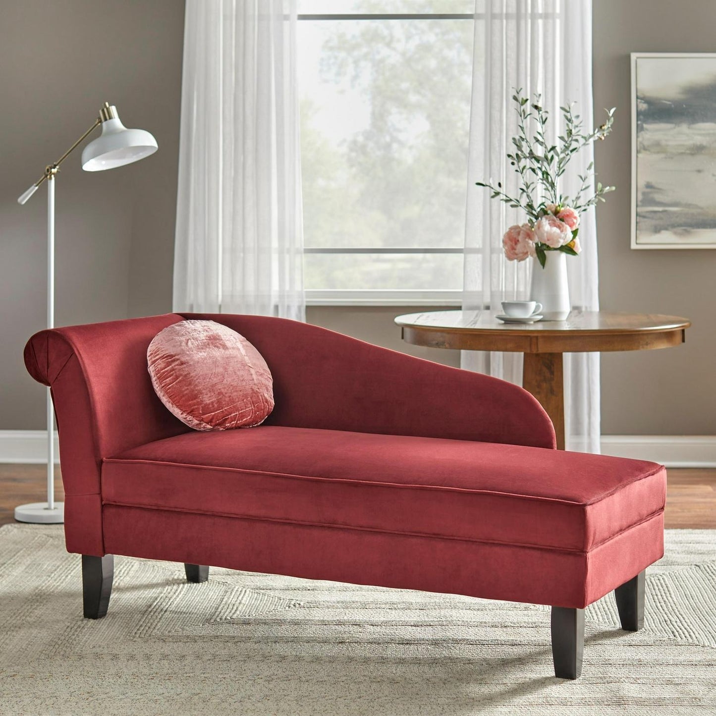 Burgundy Finish Upholstered Chaise Lounge with Storage Compartment