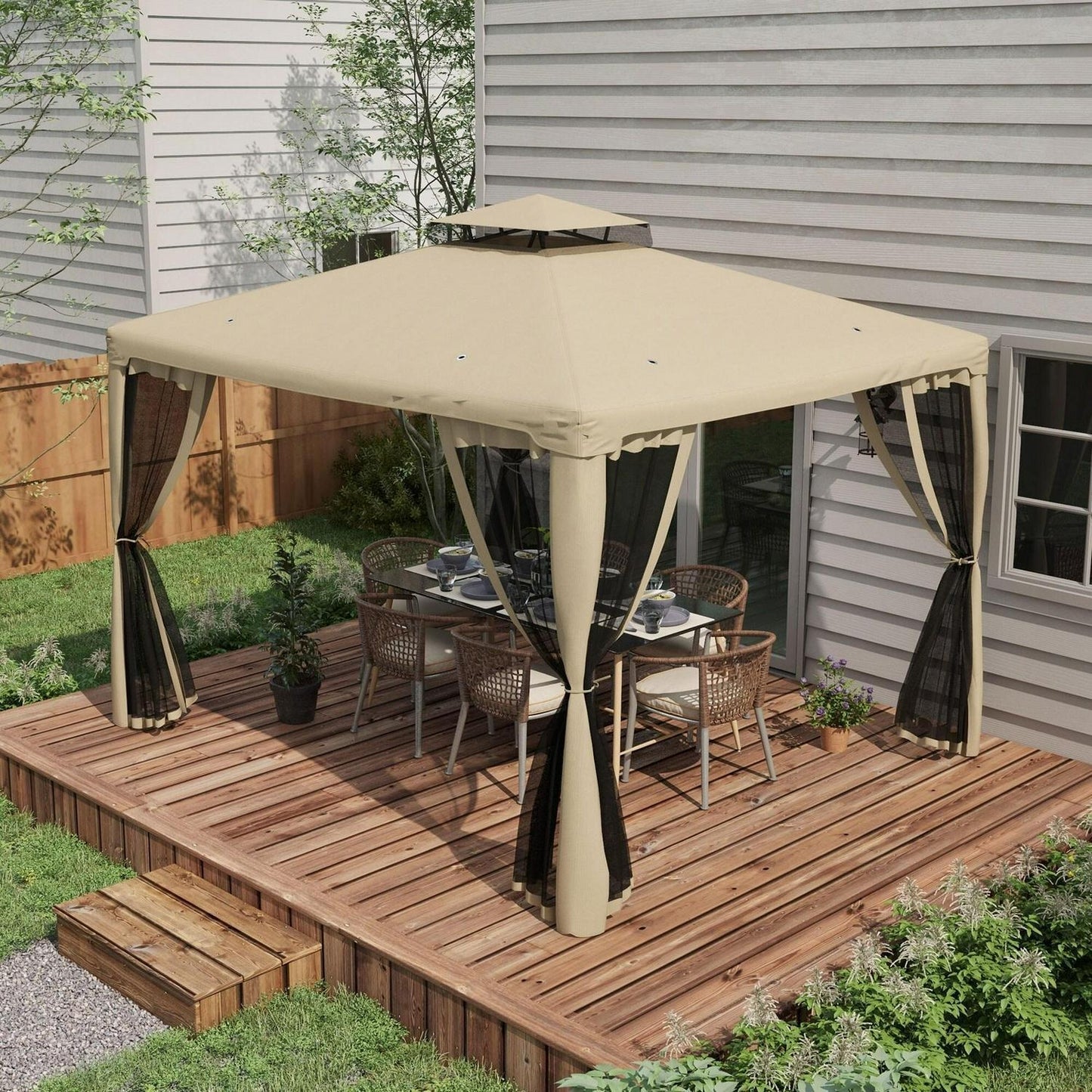 Cream White Patio Gazebo Tier Canopy, Mesh Walls & Powder-Coated Frame 9.6x11.6