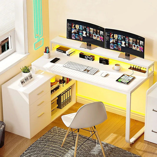 L-Shaped Computer Desk: Wireless Charge, LED Lit & File Cabinet in White