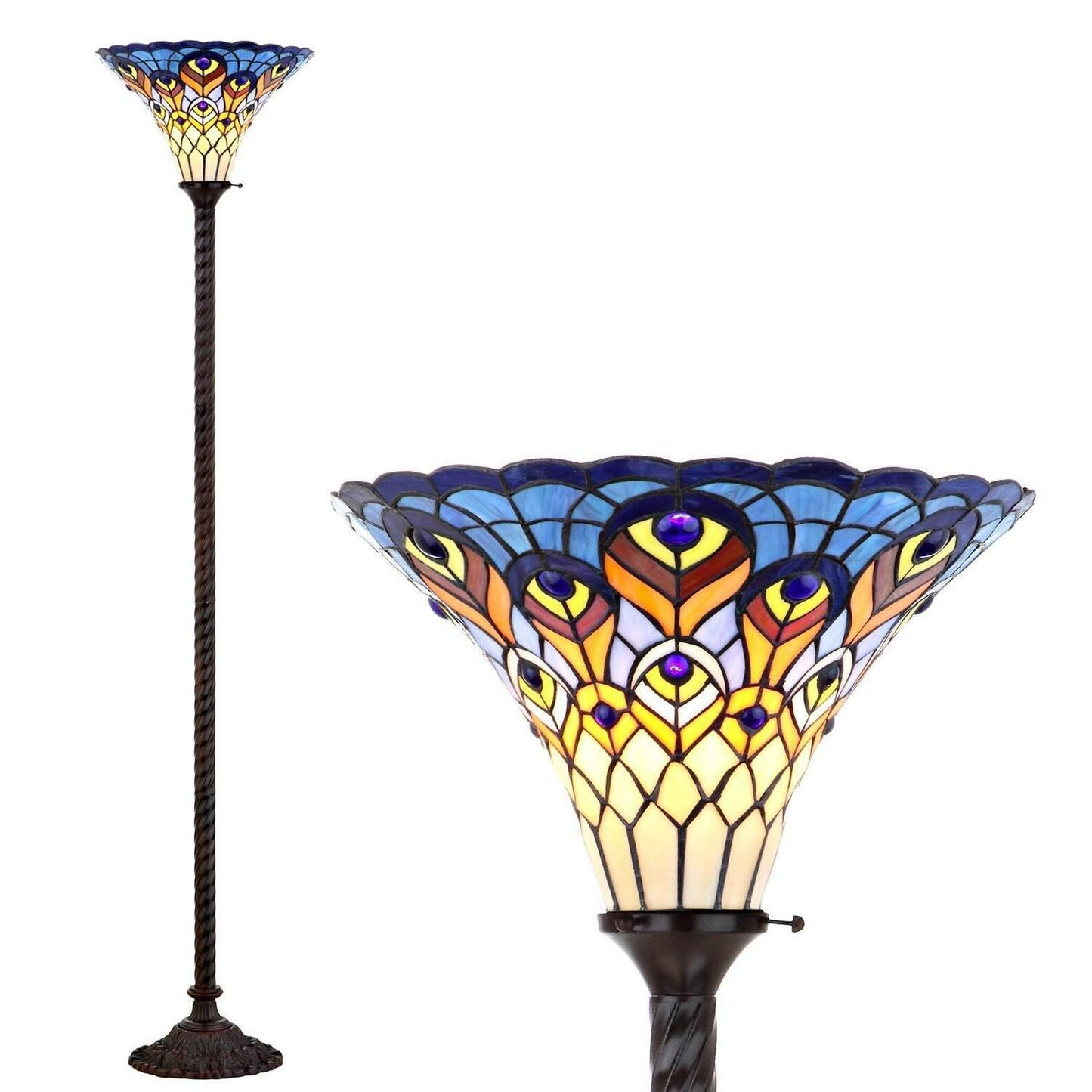 Tiffany Style Peacock 70in Stained Glass Traditional Torchiere Floor Lamp
