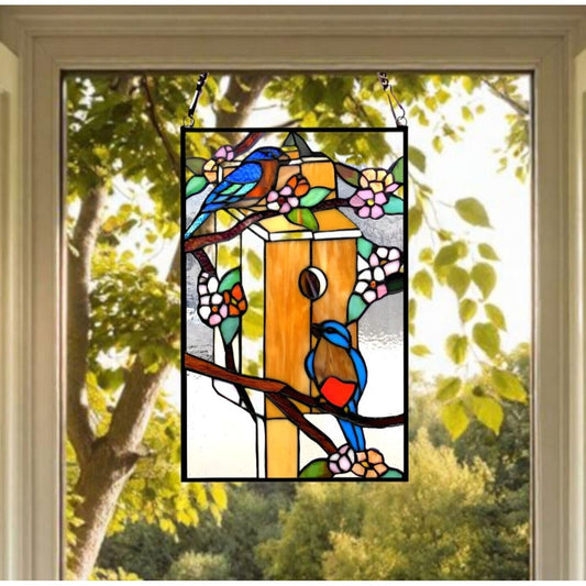 Tiffany Style Birdhouse Paradise Stained Glass Window Panel Suncatcher 12x19in