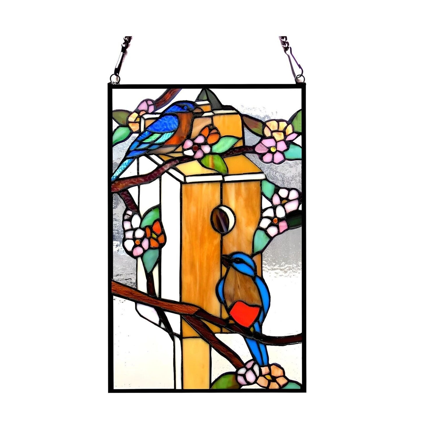 Tiffany Style Birdhouse Paradise Stained Glass Window Panel Suncatcher 12x19in