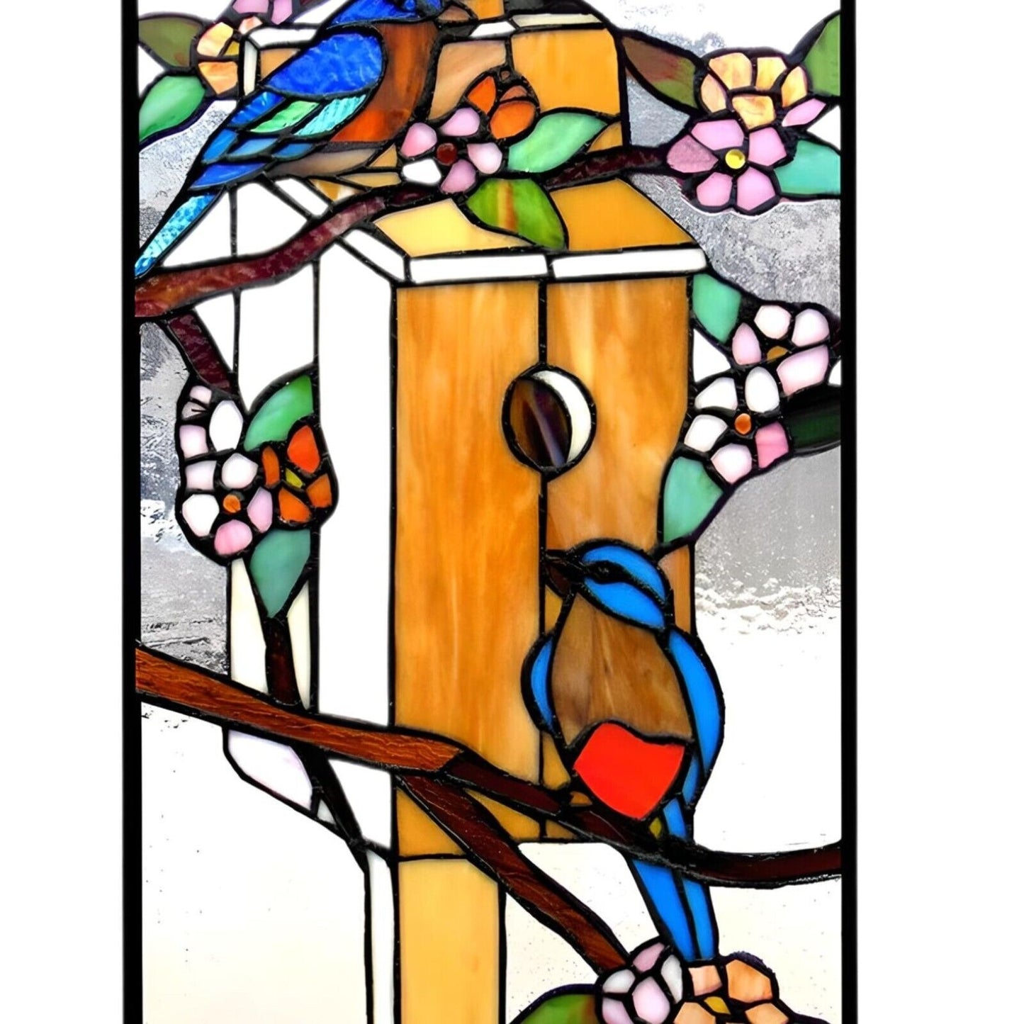 Tiffany Style Birdhouse Paradise Stained Glass Window Panel Suncatcher 12x19in