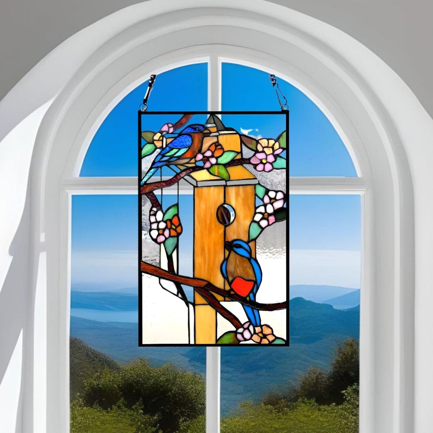 Tiffany Style Birdhouse Paradise Stained Glass Window Panel Suncatcher 12x19in