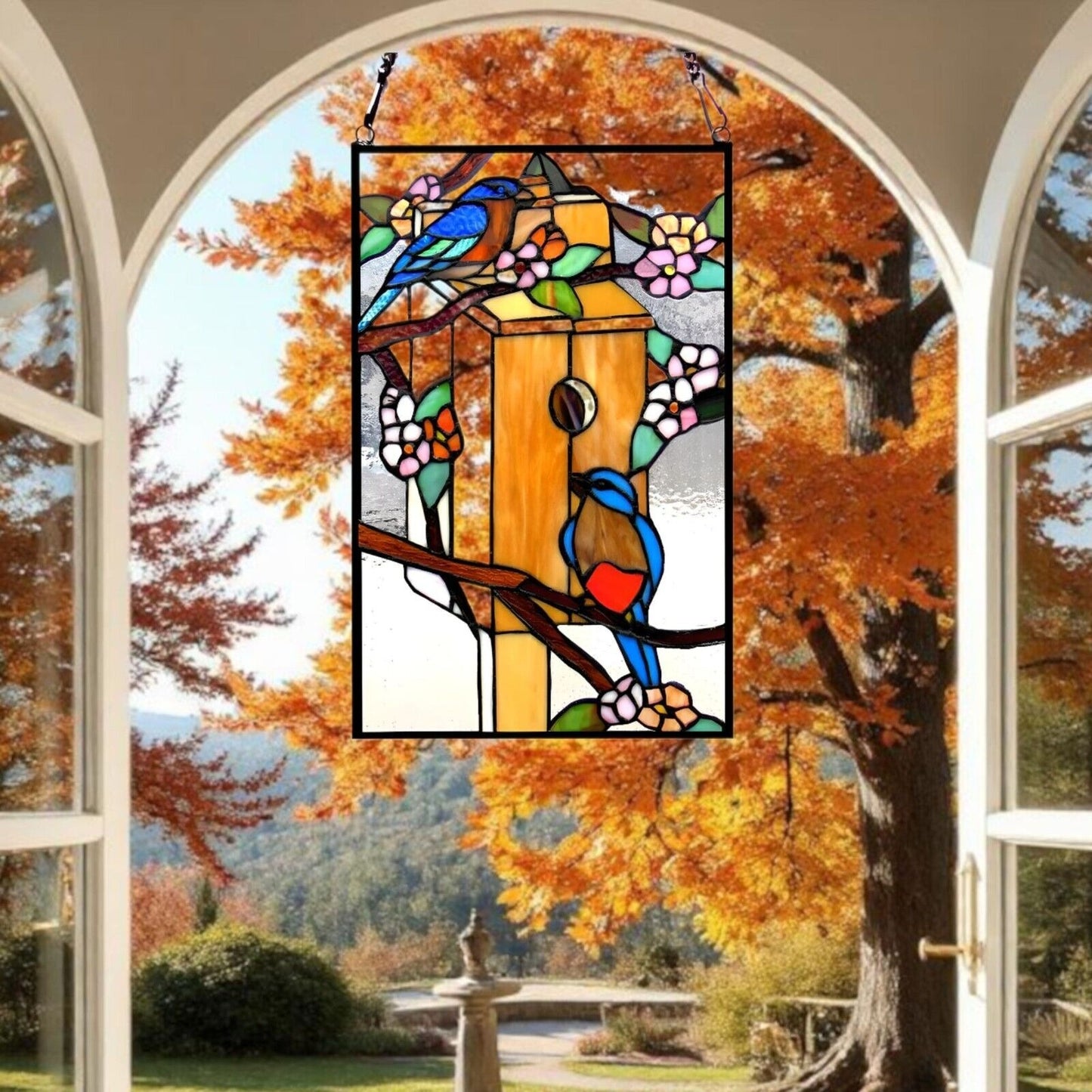 Tiffany Style Birdhouse Paradise Stained Glass Window Panel Suncatcher 12x19in