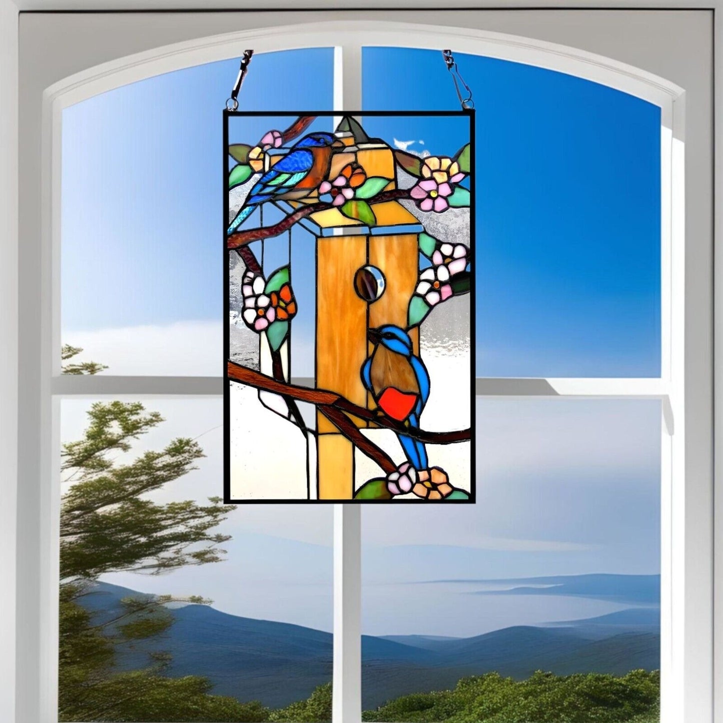 Tiffany Style Birdhouse Paradise Stained Glass Window Panel Suncatcher 12x19in