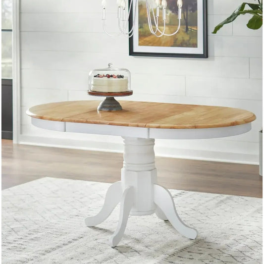 Country Style Pedestal Table: Solid Wood w/ 22in Leaf - White Finish, Nat Top