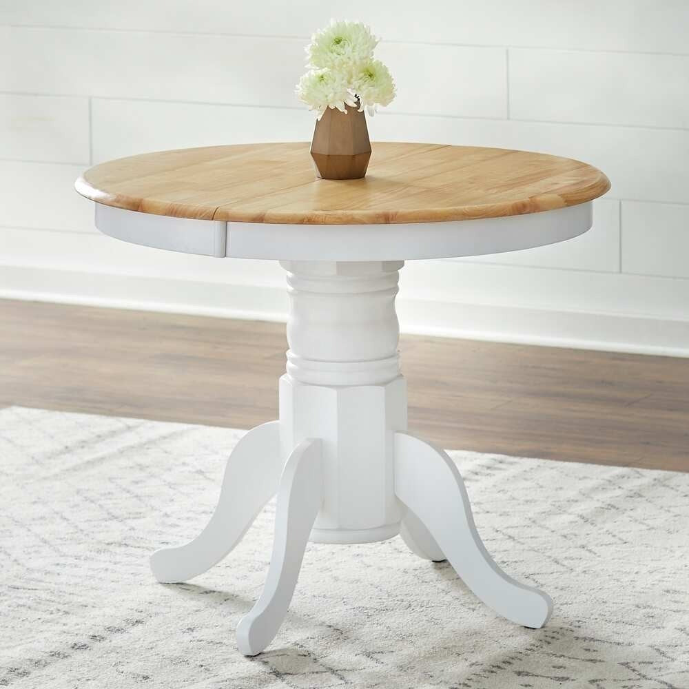 Country Style Pedestal Table: Solid Wood w/ 22in Leaf - White Finish, Nat Top