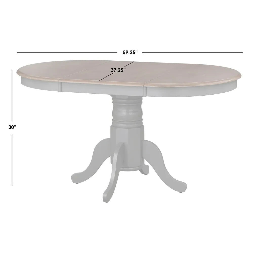 Country Style Pedestal Table: Solid Wood w/ 22in Leaf - White Finish, Nat Top